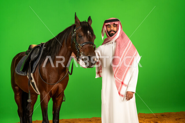 العادة المتوارثة في تربية الخيل الأصيل، اتباع تقاليد الأجداد في رعاية الجياد في المملكة العربية السعودية، شغف الفروسية وهواية ركوب الأحصنة، بورتريه لرجل عربي خليجي سعودي يرتدي الثوب التقليدي والشماغ يقف بجانب فرسه فوق الرمال الناعمة، خلفية خضراء، كروما