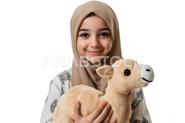 الاهتمام بالجمال والمظهر الخارجي، بورتريه مقرب لفتاة عربية خليجية سعودية مبتسمة ترتدي الحجاب تمسك بيدها الدمية تنظر إلى الكاميرا بإيماءات السرور والسعادة، ملامح البراءة والنعومة، خلفية بيضاء