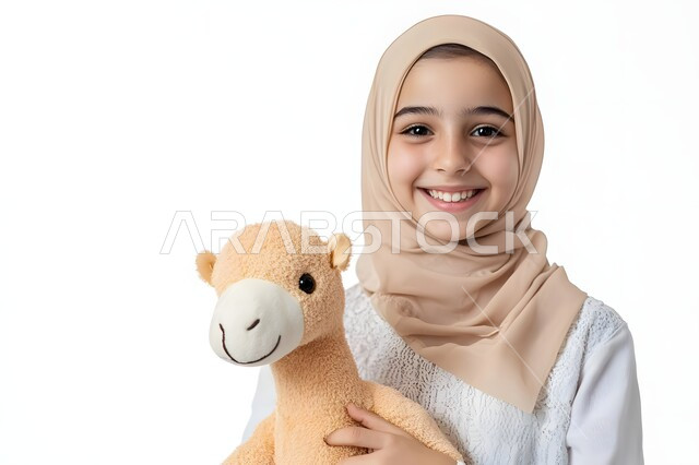 ملامح البراءة والنعومة، الاهتمام بالجمال والمظهر الخارجي، بورتريه مقرب لفتاة عربية خليجية سعودية مبتسمة ترتدي الحجاب تمسك بيدها الدمية تنظر إلى الكاميرا بإيماءات السرور والسعادة، خلفية بيضاء