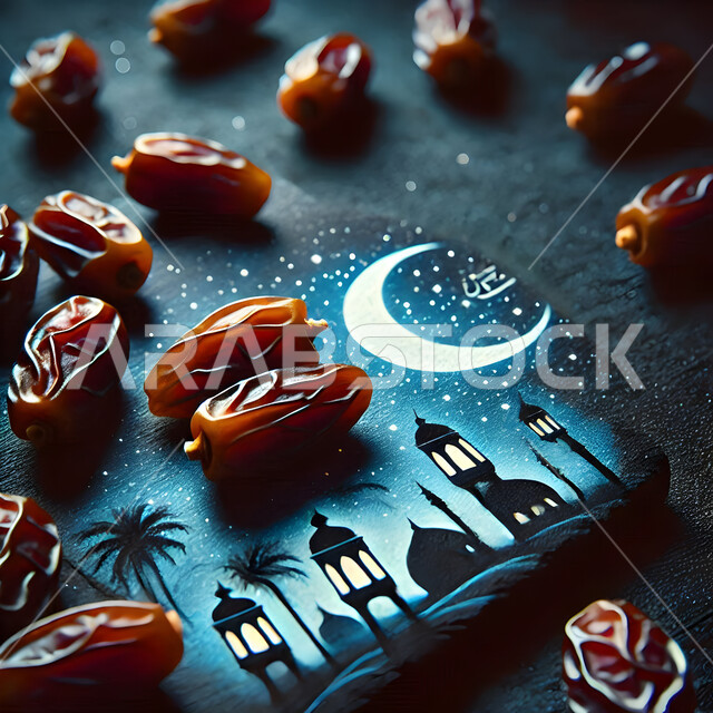 Celebrating Islamic religious occasions, the spiritual atmosphere of Ramadan in the Kingdom of Saudi Arabia, a group of dates with the crescent moon of the month of goodness, breaking the fast in the blessed month of Ramadan, a local national product and crop, a nutritional meal with useful calories