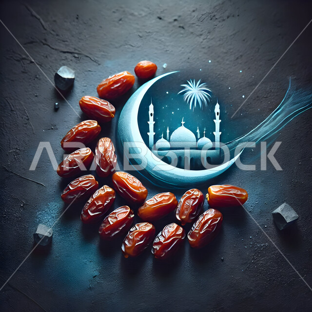 الأجواء الرمضانية الروحانية في المملكة العربية السعودية، مجموعة من حبات التمر مع هلال شهر الخير, إفطار الصائم في رمضان المبارك، منتج ومحصول محلي وطني، الاحتفال بالمناسبات الدينية الإسلامية, وجبة غذائية بسعرات حرارية مفيدة