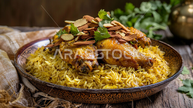 أكلة الكبسة الشهية التقليدية، فن طهي وتقديم وجبات العزائم في المملكة العربية السعودية، وصفة طعام لذيذة صحية، صورة مقربة لطبق من أرز البرياني اللذيذ مع الدجاج المزين بالبقدونس والمكسرات، وجبة غنية بالبروتين