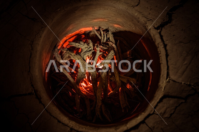 Authenticity of traditional Saudi heritage, anniversary of the founding of the first Saudi state 1727 AD, the day we started February 22, a close-up of an old-style clay stove, popular Gulf equipment