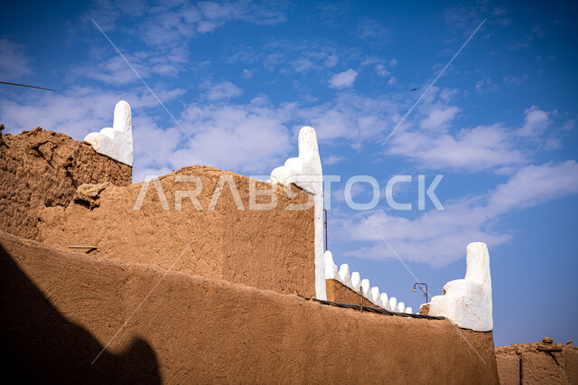 An ancient mud building in the heritage village, traditional architectural art, the day we started, February 22, an ancient historical landmark, the anniversary of the founding of the first Saudi state 1727 AD, historical popular villages