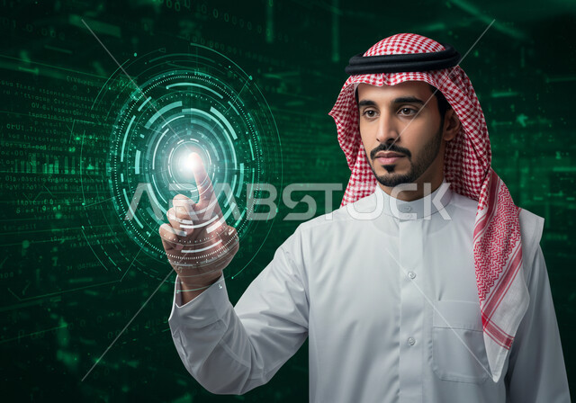استعمال التقنيات الالكترونية الحديثه، رموز وعناصر هولوجرامية ثلاثية الابعاد، مفهوم تنمية الاعمال والاقتصاد، تحسين كفاءة العمل، النمو والتقدم التكنولوجي، صورة مقربة لرجل عربي خليجي سعودي يرتدي الثوب التقليدي والشماغ يقوم بلمس أيقونات افتراضية خضراء