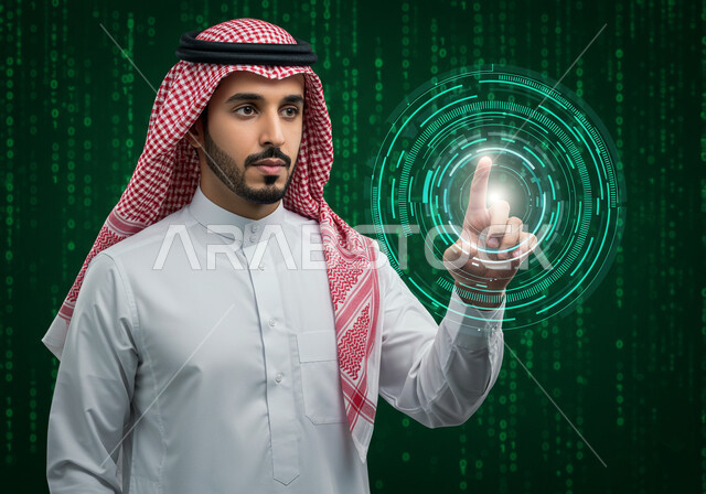 رموز وعناصر هولوجرامية ثلاثية الابعاد، مفهوم تنمية الاعمال والاقتصاد، استخدام التقنيات الالكترونية الحديثه، تحسين كفاءة العمل، النمو والتقدم التكنولوجي، صورة مقربة لرجل عربي خليجي سعودي يرتدي الثوب التقليدي والشماغ يقوم بلمس أيقونات افتراضية خضراء