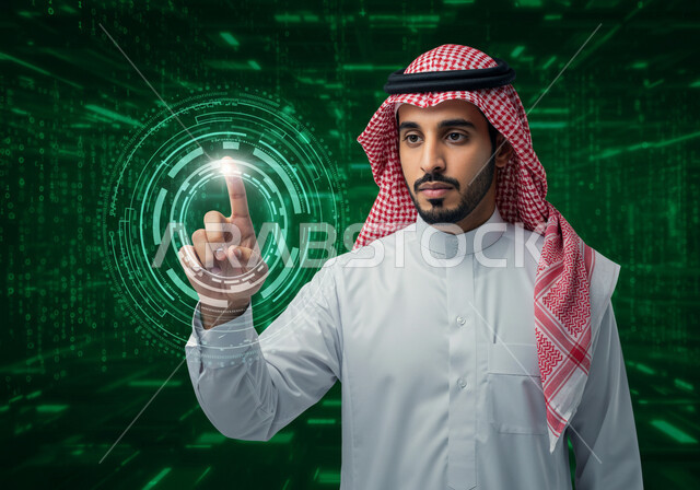 مفهوم تنمية الاعمال والاقتصاد، استخدام التقنيات الالكترونية الحديثه، تحسين كفاءة العمل، النمو والتقدم التكنولوجي، صورة مقربة لرجل عربي خليجي سعودي يرتدي الثوب التقليدي والشماغ يقوم بلمس أيقونات افتراضية خضراء، عناصر ورموز هولوجرامية ثلاثية الابعاد
