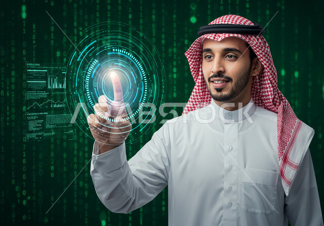 The use of modern electronic technologies, improving work efficiency, technological growth and progress, close-up of a Saudi Arabian Gulf man wearing a traditional thobe and shemagh touching green virtual icons, concept of business and economic development, 3D holographic symbols and elements