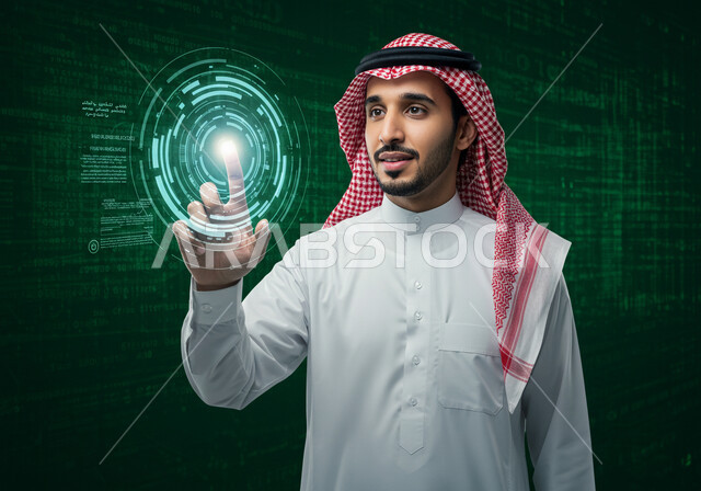 تحسين كفاءة العمل، النمو والتقدم التكنولوجي، استخدام التقنيات الالكترونية الحديثه، صورة مقربة لرجل عربي خليجي سعودي يرتدي الثوب التقليدي والشماغ يقوم بلمس أيقونات افتراضية خضراء، مفهوم تنمية الاعمال والاقتصاد، عناصر ورموز هولوجرامية ثلاثية الابعاد