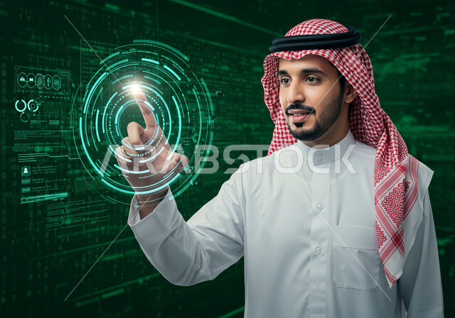 التقدم والنمو التكنولوجي، تحسين كفاءة العمل، استخدام التقنيات الالكترونية الحديثه، صورة مقربة لرجل عربي خليجي سعودي يرتدي الثوب التقليدي والشماغ يقوم بلمس أيقونات افتراضية خضراء، مفهوم تنمية الاعمال والاقتصاد، عناصر ورموز هولوجرامية ثلاثية الابعاد