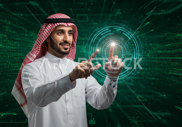 Technological growth and progress, improving work efficiency, use of modern electronic technologies, close-up of a Saudi Arabian Gulf man wearing a traditional thobe and shemagh touching green virtual icons, concept of business and economic development, 3D holographic symbols and elements