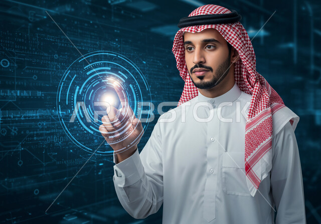 مفهوم تنمية الاعمال والاقتصاد، رموز وعناصر هولوجرامية ثلاثية الابعاد، النمو والتقدم التكنولوجي، استخدام التقنيات الالكترونية الحديثه، تحسين كفاءة العمل، صورة مقربة لرجل عربي خليجي سعودي يرتدي الثوب التقليدي والشماغ يقوم بلمس أيقونات افتراضية زرقاء 