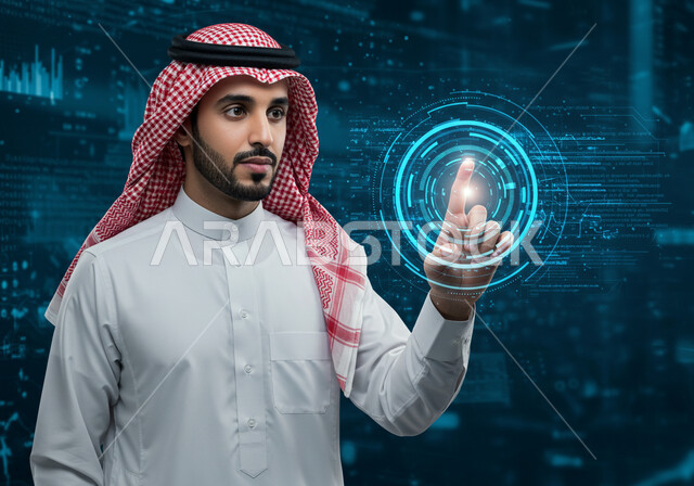 رموز وعناصر هولوجرامية ثلاثية الابعاد، النمو والتقدم التكنولوجي، مفهوم تنمية الاعمال والاقتصاد، استخدام التقنيات الالكترونية الحديثه، تحسين كفاءة العمل، صورة مقربة لرجل عربي خليجي سعودي يرتدي الثوب التقليدي والشماغ يقوم بلمس أيقونات افتراضية زرقاء 