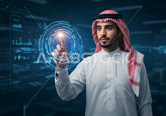 Technological growth and progress, 3D holographic symbols and elements, concept of business and economic development, use of modern electronic technologies, improving work efficiency, close-up of a Saudi Arabian Gulf man wearing traditional thobe and shemagh touching blue virtual icons