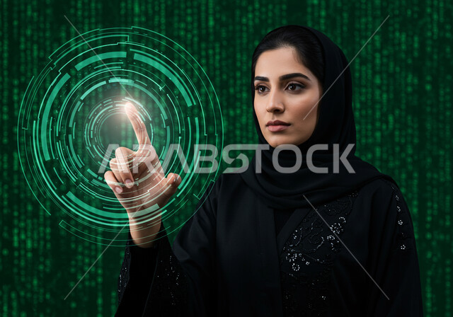 استخدام التقنيات الالكترونية الحديثه، مفهوم تنمية الاعمال والاقتصاد، عناصر ورموز هولوجرامية ثلاثية الابعاد، النمو والتقدم التكنولوجي، تحسين كفاءة العمل، صورة مقربة لامرأة عربية خليجية سعودية محجبة ترتدي عباءة سوداء تقوم بلمس أيقونات افتراضية خضراء