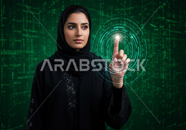 عناصر ورموز هولوجرامية ثلاثية الابعاد، النمو والتقدم التكنولوجي، تحسين كفاءة العمل، استخدام التقنيات الالكترونية الحديثه، مفهوم تنمية الاعمال والاقتصاد، صورة مقربة لامرأة عربية خليجية سعودية محجبة ترتدي عباءة سوداء تقوم بلمس أيقونات افتراضية خضراء