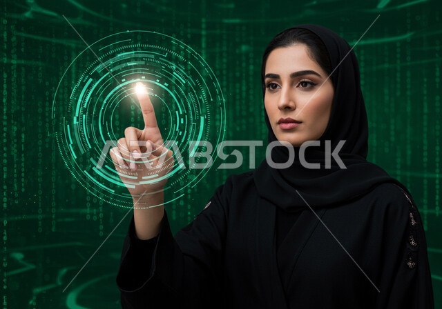 رموز وعناصر هولوجرامية ثلاثية الابعاد، النمو والتقدم التكنولوجي، تحسين كفاءة العمل، استخدام التقنيات الالكترونية الحديثه، مفهوم تنمية الاعمال والاقتصاد، صورة مقربة لامرأة عربية خليجية سعودية محجبة ترتدي عباءة سوداء تقوم بلمس أيقونات افتراضية خضراء