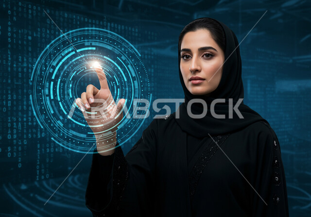 النمو والتقدم التكنولوجي، تحسين كفاءة العمل، استخدام التقنيات الالكترونية الحديثه، مفهوم تنمية الاعمال والاقتصاد، رموز وعناصر هولوجرامية ثلاثية الابعاد، صورة مقربة لامرأة عربية خليجية سعودية محجبة ترتدي عباءة سوداء تقوم بلمس أيقونات افتراضية زرقاء 