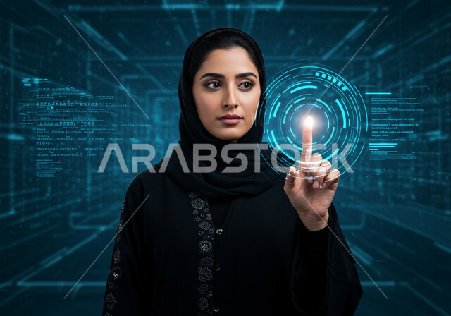 Improving work efficiency, using modern electronic technologies, the concept of business and economic development, 3D holographic symbols and elements, technological growth and progress, close-up of a veiled Saudi Arabian Gulf woman wearing a black abaya touching blue virtual icons