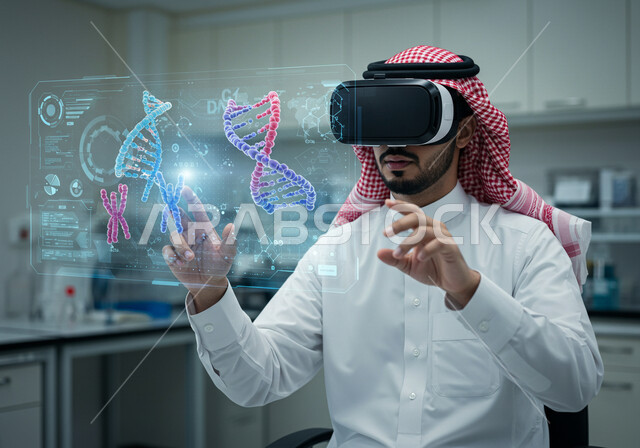 الاندماج في العالم الخيالي لتشخيص الحالات المرضية، استخدام التكنولوجيا في التحاليل والفحوصات الطبية، رؤية مستقبلية 2030، عناصر ورموز هولوجرامية ثلاثية الابعاد لأبحاث الحمض النووي، صورة مقربة لطبيب عربي سعودي خليجي يرتدي نظارات الواقع الافتراضي ويقوم بلمس ايقونات افتراضية