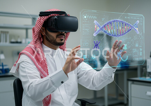 رموز وعناصر هولوجرامية ثلاثية الابعاد لأبحاث الحمض النووي، الاندماج في العالم الخيالي لتشخيص الحالات المرضية، استخدام التكنولوجيا في التحاليل والفحوصات الطبية، رؤية مستقبلية 2030، صورة مقربة لطبيب عربي سعودي خليجي يرتدي نظارات الواقع الافتراضي ويقوم بلمس ايقونات افتراضية