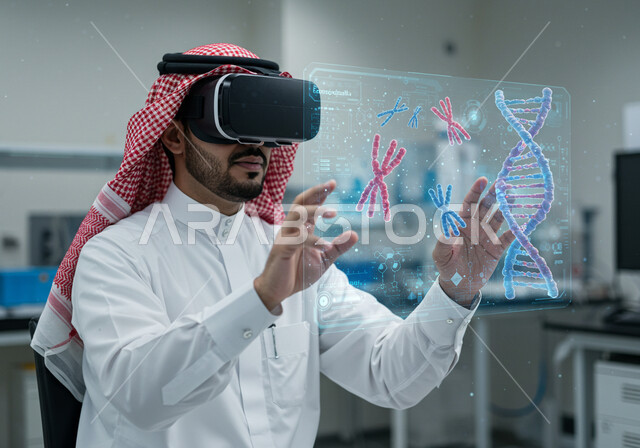 الاندماج في العالم الخيالي لتشخيص الحالات المرضية، استخدام التكنولوجيا في التحاليل والفحوصات الطبية، رؤية مستقبلية 2030، صورة مقربة لطبيب عربي سعودي خليجي يرتدي نظارات الواقع الافتراضي ويقوم بلمس ايقونات افتراضية، رموز وعناصر هولوجرامية ثلاثية الابعاد لأبحاث الحمض النووي