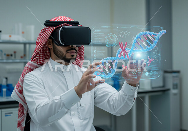 Future Vision 2030, Close-up of a Saudi Arabian Gulf doctor wearing virtual reality glasses and touching virtual icons, Using technology in medical analysis and examinations, Integration into the imaginary world to diagnose medical conditions, 3D holographic symbols and elements for DNA research