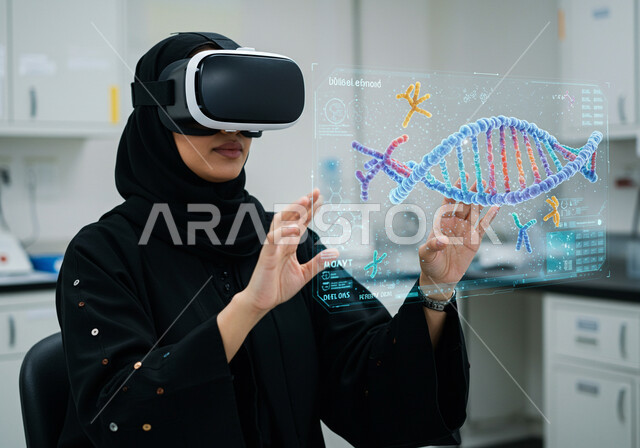استخدام التكنولوجيا في التحاليل والفحوصات الطبية، رؤية مستقبلية 2030، رموز وعناصر هولوجرامية ثلاثية الابعاد لأبحاث الحمض النووي، الاندماج بالعالم الخيالي لتشخيص الحالات المرضية، صورة مقربة لطبيبة عربية خليجية سعودية ترتدي نظارة الواقع الافتراضي تقوم بلمس ايقونات افتراضية