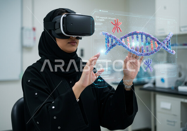 رؤية مستقبلية 2030، رموز وعناصر هولوجرامية ثلاثية الابعاد لأبحاث الحمض النووي، الاندماج بالعالم الخيالي لتشخيص الحالات المرضية، استعمال التكنولوجيا في التحاليل والفحوصات الطبية، صورة مقربة لطبيبة عربية خليجية سعودية ترتدي نظارة الواقع الافتراضي تقوم بلمس ايقونات افتراضية