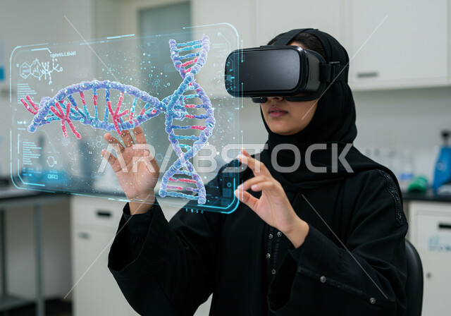 رموز وعناصر هولوجرامية ثلاثية الابعاد لأبحاث الحمض النووي، الاندماج بالعالم الخيالي لتشخيص الحالات المرضية، استعمال التكنولوجيا في التحاليل والفحوصات الطبية، رؤية مستقبلية 2030، صورة مقربة لطبيبة عربية خليجية سعودية ترتدي نظارة الواقع الافتراضي تقوم بلمس ايقونات افتراضية