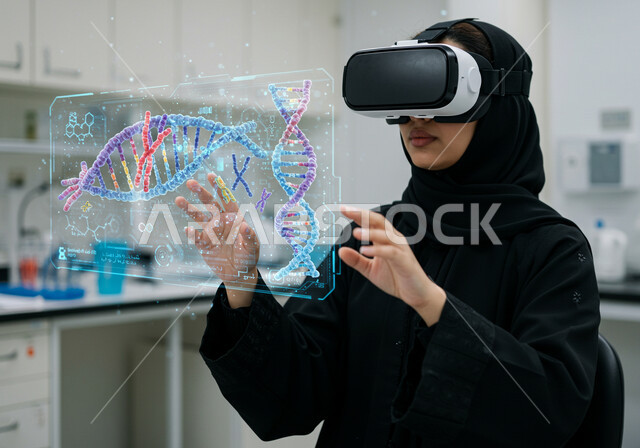 عناصر ورموز هولوجرامية ثلاثية الابعاد لأبحاث الحمض النووي، الاندماج بالعالم الخيالي لتشخيص الحالات المرضية، استعمال التكنولوجيا في التحاليل والفحوصات الطبية، رؤية مستقبلية 2030، صورة مقربة لطبيبة عربية خليجية سعودية ترتدي نظارة الواقع الافتراضي تقوم بلمس ايقونات افتراضية