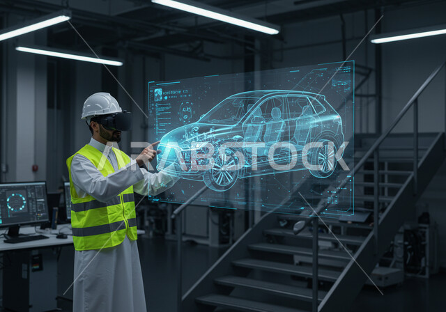 مخطط وتصميم هندسي لمشروع مستقبلي, التطور و التقدم التقني والتكنولوجي, رؤية مستقبلية سعودية 2030, مهندس عربي خليجي سعودي يرتدي سترة وخوذة الحماية ونظارة الواقع الافتراضي لمشاهدة  نموذج أولي لهيكل سيارة، عناصر ورموز هولوجرامية ثلاثية الابعاد, مفهوم صناعة السيارات