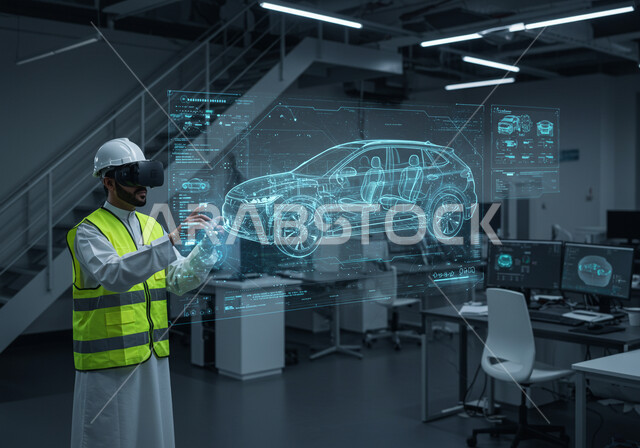 تصميم هندسي ومخطط لمشروع مستقبلي, التطور و التقدم التقني والتكنولوجي, رؤية مستقبلية سعودية 2030, مهندس عربي خليجي سعودي يرتدي سترة وخوذة الحماية ونظارة الواقع الافتراضي لمشاهدة  نموذج أولي لهيكل سيارة، عناصر ورموز هولوجرامية ثلاثية الابعاد, مفهوم صناعة السيارات