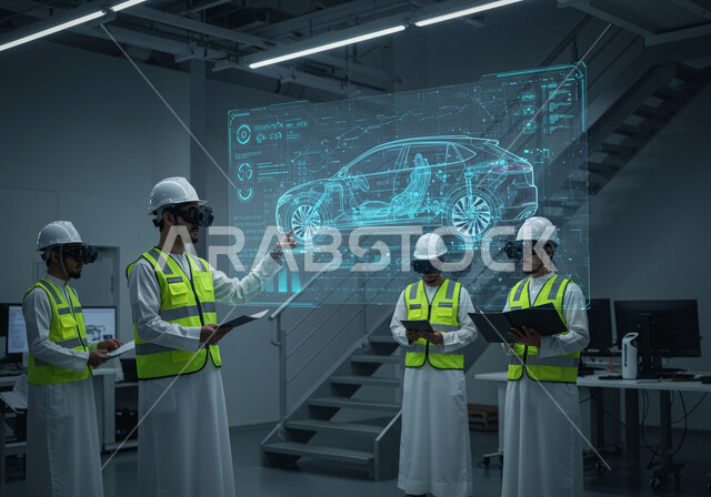 مفهوم صناعة السيارات، رموز وعناصر هولوجرامية ثلاثية الابعاد, رؤية مستقبلية سعودية 2030, التطور التقني والتكنولوجي, تصميم هندسي ومخطط لمشروع مستقبلي, مجموعة من المهندسين العرب السعوديين الخليجيين يرتدون نظارات الواقع الافتراضي لمشاهدة  نموذج أولي لهيكل سيارة