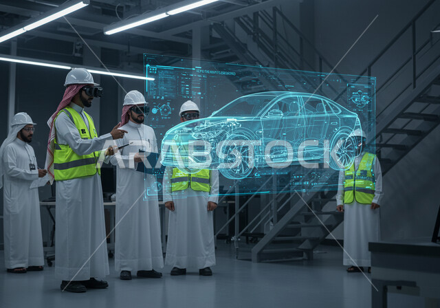 رموز وعناصر هولوجرامية ثلاثية الابعاد, رؤية مستقبلية سعودية 2030, التطور التقني والتكنولوجي, تصميم هندسي ومخطط لمشروع مستقبلي, مجموعة من المهندسين العرب السعوديين الخليجيين يرتدون نظارات الواقع الافتراضي لمشاهدة  نموذج أولي لهيكل سيارة، مفهوم صناعة السيارات