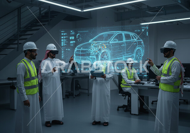 رؤية مستقبلية سعودية 2030, التطور التقني والتكنولوجي, تصميم هندسي ومخطط لمشروع مستقبلي, مجموعة من المهندسين العرب السعوديين الخليجيين يرتدون نظارات الواقع الافتراضي لمشاهدة  نموذج أولي لهيكل سيارة، عناصر ورموز هولوجرامية ثلاثية الابعاد, مفهوم صناعة السيارات