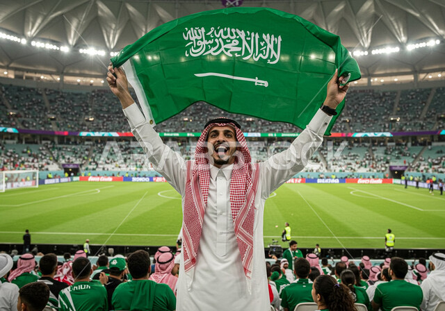 الاهتمام بالرياضة والأنشطة الترفيهية، دعم الفرق والمنتخبات والأندية, بطولة كأس العالم 2034، رجل عربي خليجي سعودي يرتدي الثوب التقليدي والشماغ يحمل علم المملكة ينظر إلى الكاميرا بإيماءات الفخر, تشجيع منتخب السعودية، ايماءات الحماس والسرور