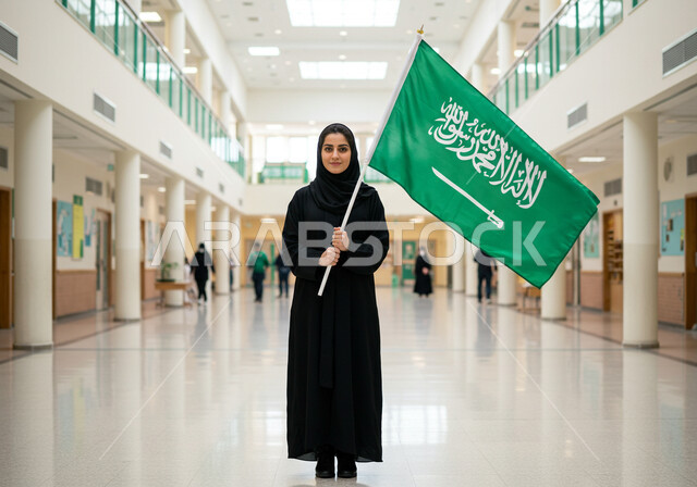 اليوم الوطني السعودي 23 سبتمبر, التطور والتقدم العمراني في المدارس، ذكرى يوم العلم 11 مارس، امرأة عربية خليجية سعودية ترتدي الحجاب والعباءة السوداء تقف في بهو المدرسة تحمل علم المملكة تنظر إلى الكاميرا بإيماءات الفخر والاعتزاز