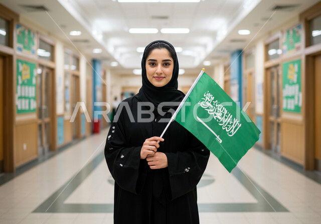 التطور والتقدم العمراني في المدارس، اليوم الوطني السعودي 23 سبتمبر, ذكرى يوم العلم 11 مارس، امرأة عربية خليجية سعودية ترتدي الحجاب والعباءة السوداء تقف في بهو المدرسة تحمل علم المملكة تنظر إلى الكاميرا بإيماءات الفخر والاعتزاز