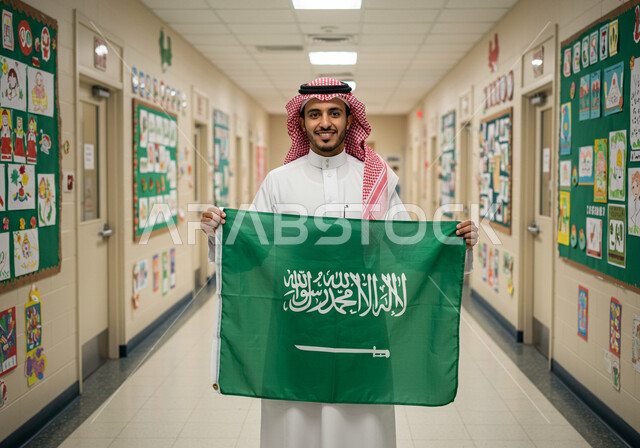 التطور والتقدم العمراني في مدارس المملكة، اليوم الوطني السعودي 23 سبتمبر, ذكرى يوم العلم 11 مارس، رجل عربي خليجي سعودي يرتدي الثوب التقليدي والشماغ يقف في بهو المدرسة يحمل علم السعودية ينظر إلى الكاميرا بإيماءات الفخر