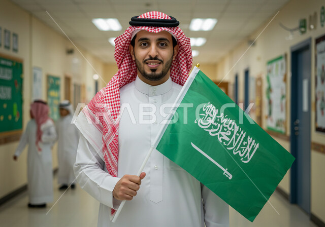 التطور والتقدم العمراني في مدارس المملكة، اليوم الوطني السعودي 23 سبتمبر, ذكرى يوم العلم 11 مارس، رجل عربي خليجي سعودي يرتدي الثوب التقليدي والشماغ يقف في بهو المدرسة يحمل علم السعودية ينظر إلى الكاميرا بإيماءات الفخر