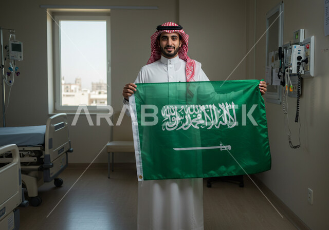 Urban progress of medical facilities, Flag Day March 11, Saudi Arabian Gulf man wearing traditional thobe and shemagh standing inside a hospital room holding the Kingdom's flag looking at the camera with proud gestures, Saudi National Day September 23, Health centers, hospitals and patient care areas