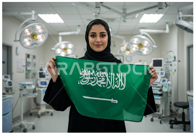 التقدم العمراني للمنشآت الطبية، يوم العلم 11 مارس، صورة مقربة لامرأة عربية خليجية سعودية ترتدي الحجاب والعباءة تقف داخل غرفة في مشفى تحمل علم المملكة تنظر إلى الكاميرا بإيماءات الفخر، اليوم الوطني السعودي 23 سبتمبر, المراكز الصحية وأماكن العناية بالمرضى