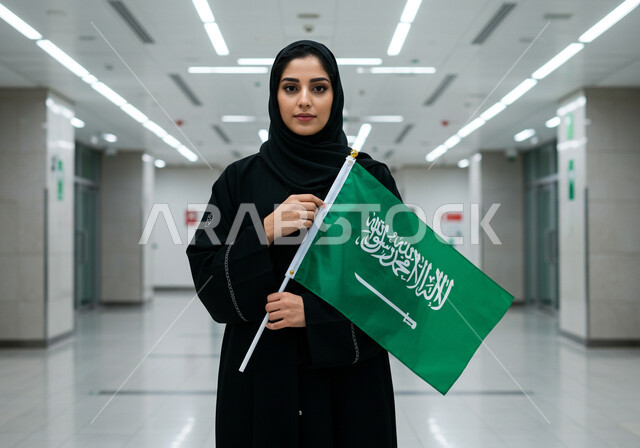 المراكز الصحية وأماكن العناية بالمرضى، اليوم الوطني السعودي 23 سبتمبر, يوم العلم 11 مارس، امرأة عربية خليجية سعودية ترتدي الحجاب والعباءة تقف في مشفى تحمل علم المملكة تنظر إلى الكاميرا بإيماءات الفخر، التقدم العمراني للمنشآت الطبية