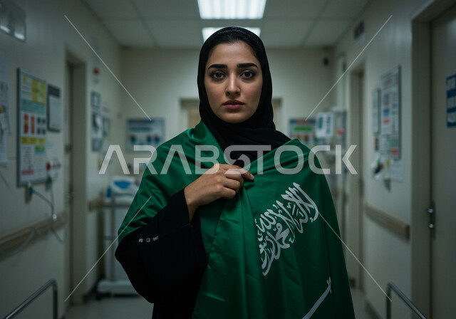 المراكز الصحية وأماكن العناية بالمرضى، اليوم الوطني السعودي 23 سبتمبر, يوم العلم 11 مارس، صورة مقربة لامرأة عربية خليجية سعودية ترتدي الحجاب والعباءة تقف في بهو مشفى تضع علم المملكة على كتفيها تنظر إلى الكاميرا بإيماءات الفخر، التقدم العمراني للمنشآت الطبية