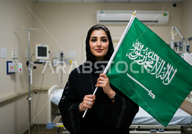 التقدم العمراني للمنشآت الطبية، يوم العلم 11 مارس، صورة مقربة لامرأة عربية خليجية سعودية ترتدي الحجاب والعباءة تقف داخل غرفة في مشفى تحمل علم المملكة تنظر إلى الكاميرا بإيماءات الفخر، اليوم الوطني السعودي 23 سبتمبر, المراكز الصحية وأماكن العناية بالمرضى