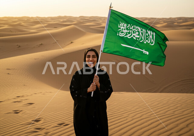Saudi National Day September 23, Flag Day March 11, A smiling Saudi Arabian Gulf woman wearing hijab and abaya stands on the soft sand of the desert holding the Kingdom's flag looking at the camera with proud gestures, Badia region and desert natural environment, sand formations in deserts