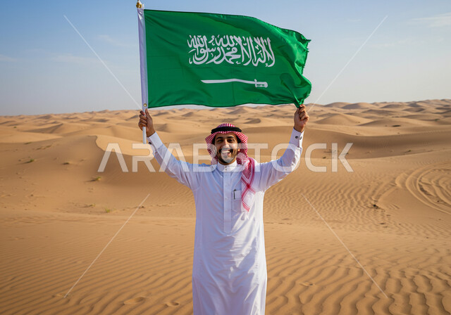 Desert and desert environment during the day, Flag Day March 11, a smiling Saudi Arabian Gulf man wearing traditional thobe and shemagh stands on soft sand in the desert holding the Kingdom's flag looking at the camera with proud gestures, Saudi National Day September 23, sand formations in the desert
