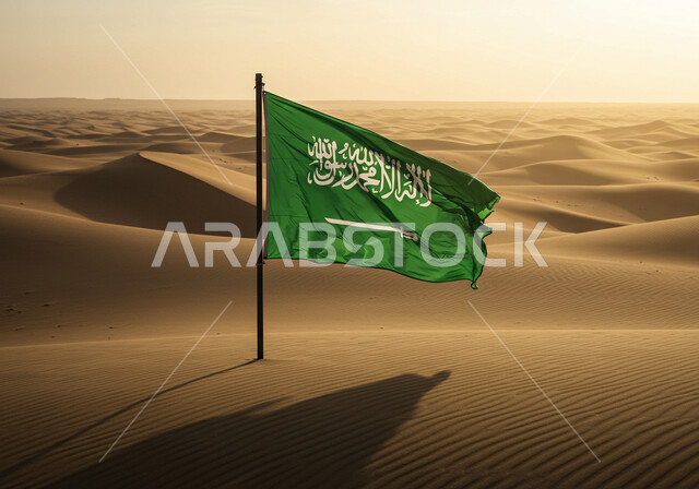 Sand formations in deserts, desert and desert environment during the day, Flag Day March 11, Saudi National Day September 23, Saudi Arabia flag on soft sand in the desert, concept of patriotism and belonging to the homeland
