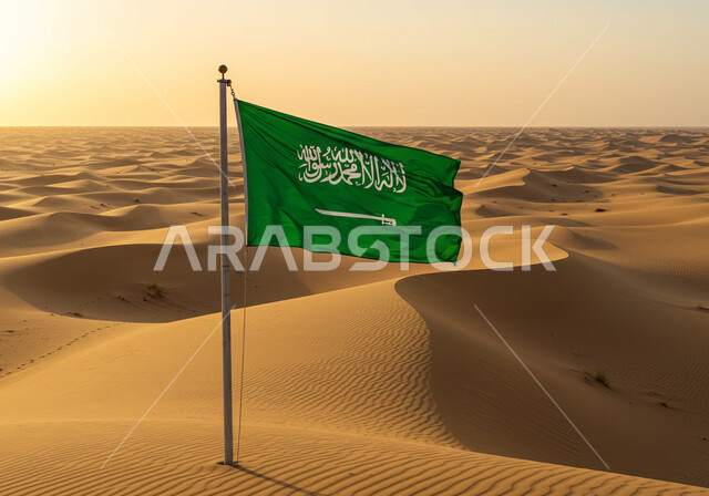 Desert and desert environment during the day, Flag Day March 11, Saudi National Day September 23, Saudi Arabia flag on soft sand in the desert, sand formations in the desert, concept of love and belonging to the homeland